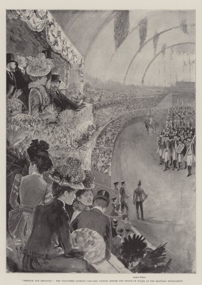 Verdediging, geen uitdaging, de vrijwilligersoptocht (1798-1900) voor de Prins van Wales bij het militaire toernooi door Henry Charles Seppings Wright